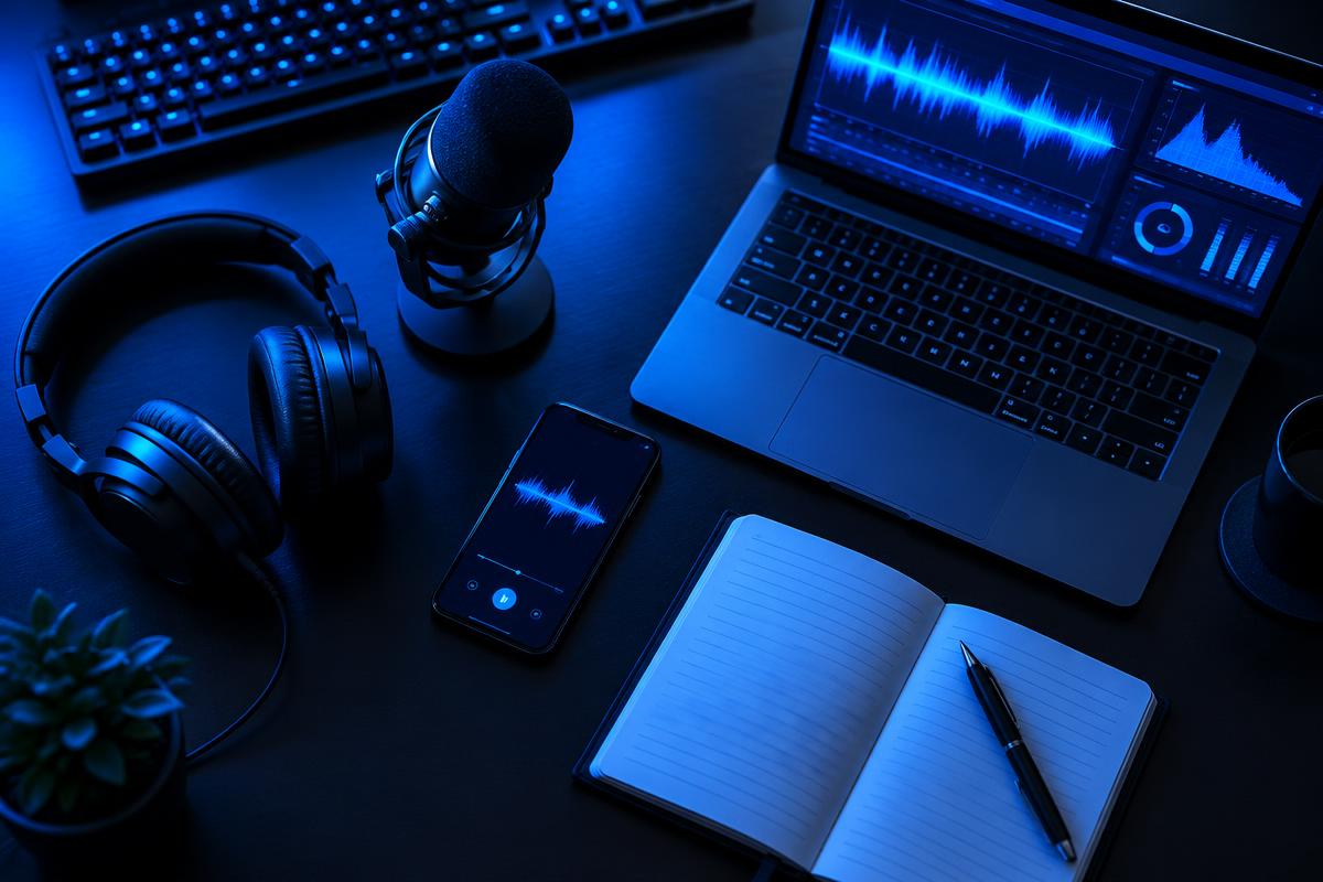 Studio desk with headphones, microphone, laptop, phone and notebook under blue light